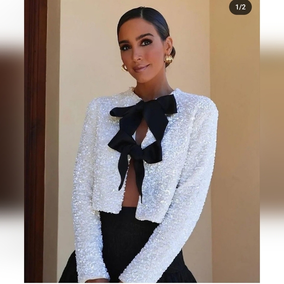 H&M viral white sequin black bow ribbon tie front cardigan sweater - Picture 2 of 16